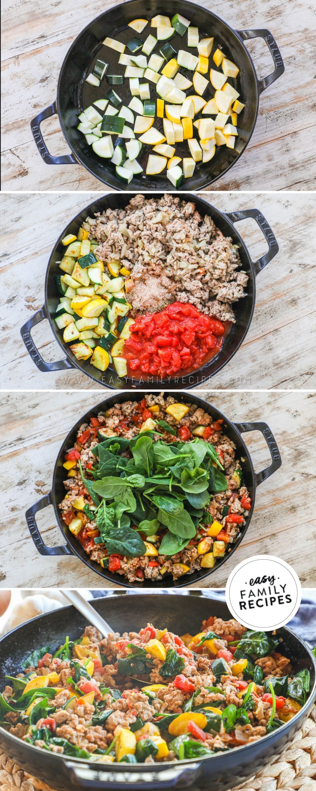 How to make a ground turkey skillet 1)sear the squash in a hot pan 2)brown the turkey and add seasonings and tomatoes 3)Add in the spinach 4)serve hot