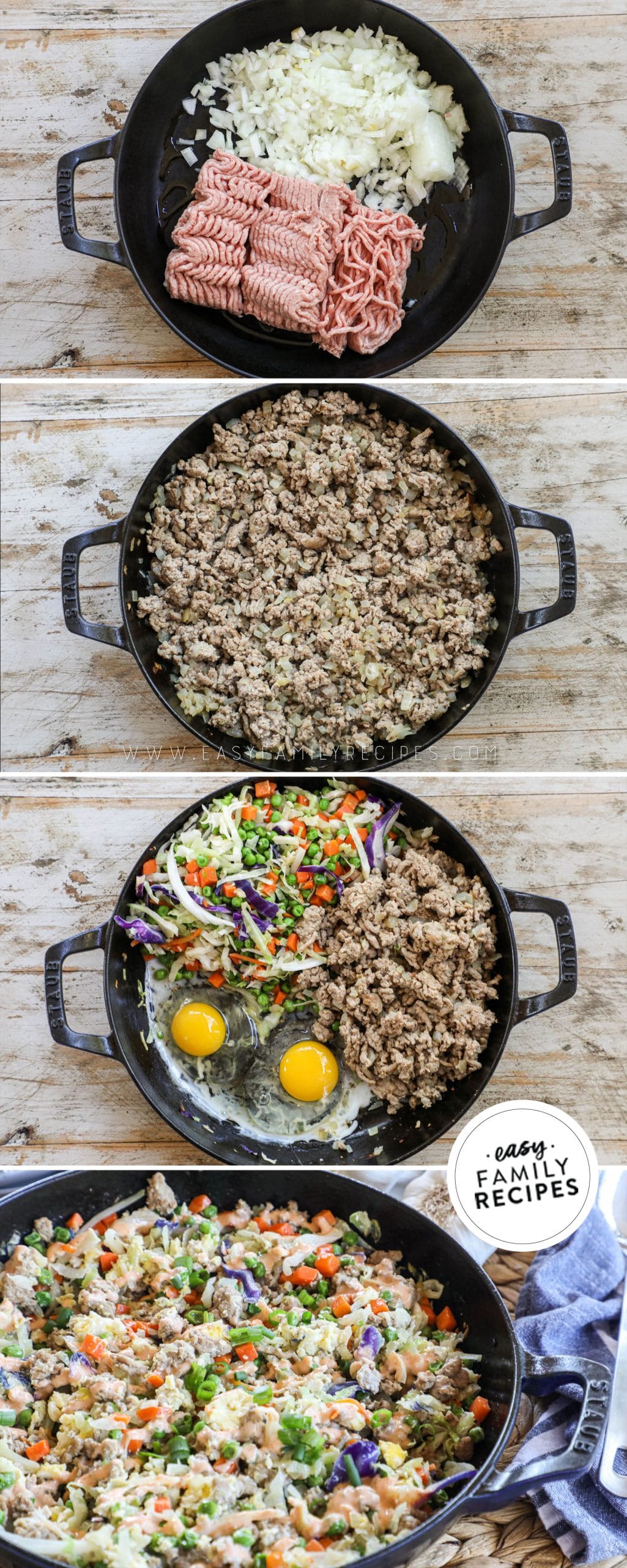 How to stir fry ground turkey 1) start with ground turkey and onions 2) brown in a large skillet 3) add vegetables and eggs 4) season and serve stir fry