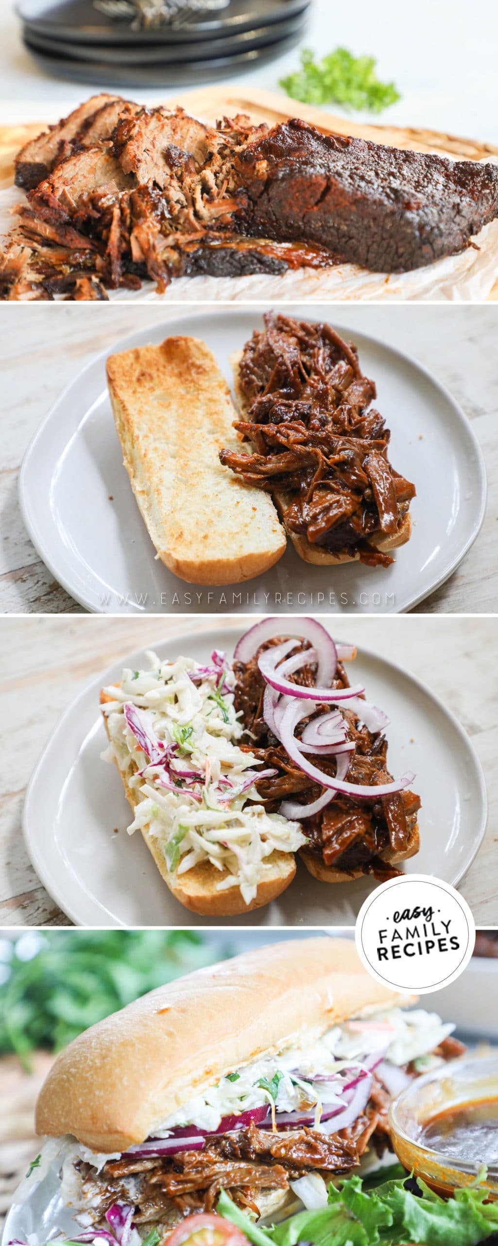 Process photos for how to make a chopped BBQ brisket sandwich 1. Chop leftover BBQ brisket. 2. Toast bun and add chopped brisket. 3. Prepare and add jalapeno slaw and sliced onion. 4. Serve with BBQ Brisket a jus