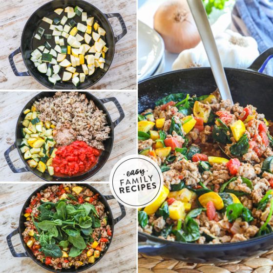 How to cook ground turkey skillet 1)caramelize the squash in a hot pan 2)brown the turkey and add in tomatoes and seasonings 3)wilt the spinach in 4)serve