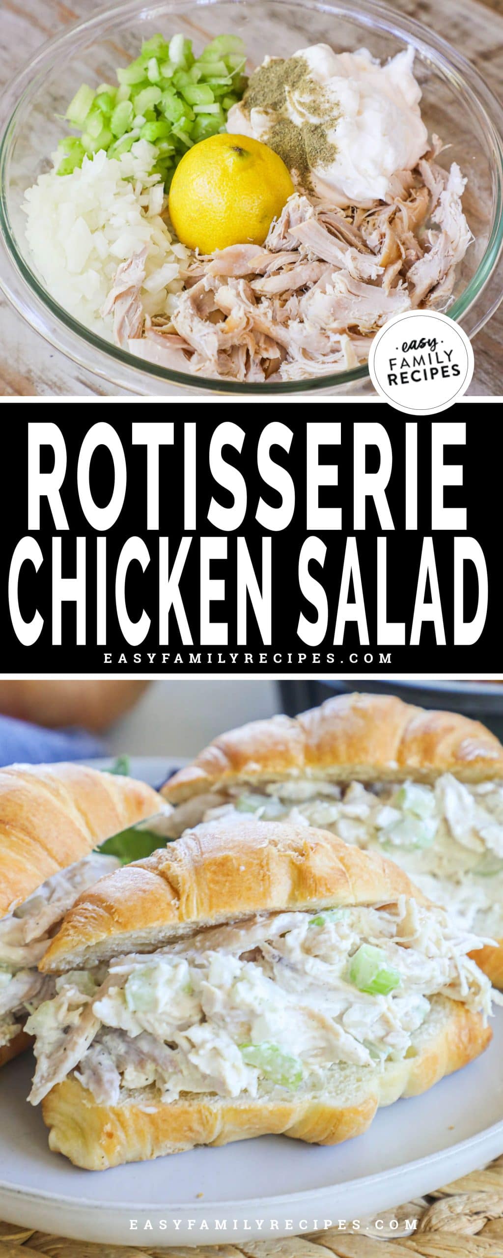 Creamy rotisserie chicken salad with lemon and celery on sliced croissants