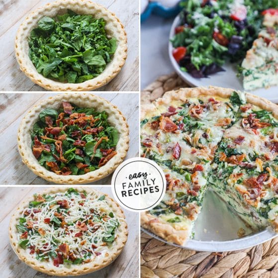 Step by step for making spinach bacon quiche.