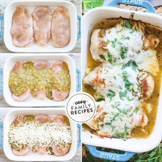 How to make a Salsa Verde Chicken Bake 1)arrange seasoned chicken breasts in a casserole dish 2)layer salsa on top 3)top with cheese 4)bake until gooey and done