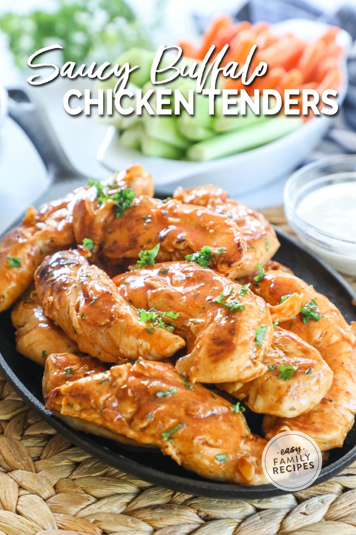 breadless buffalo chicken tenders piled on a platter