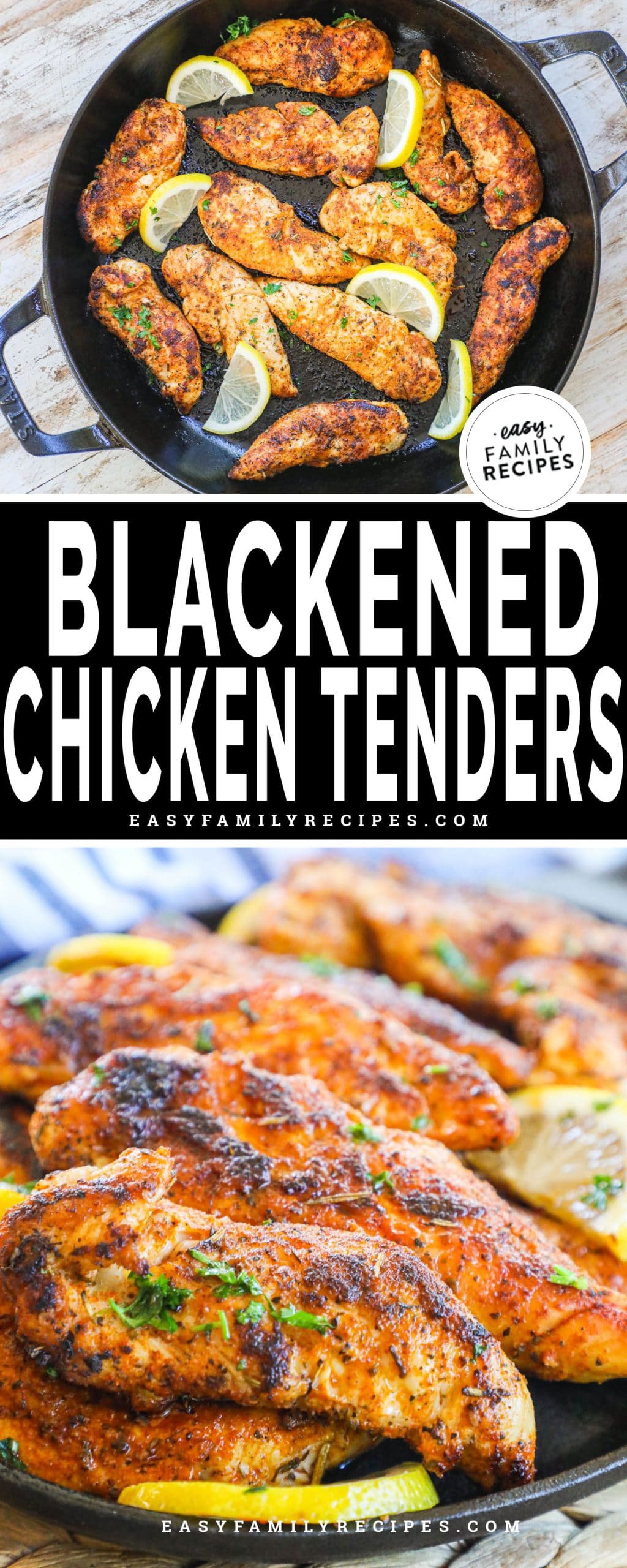 Blackened Chicken Tenders in cast iron skillet with lemon wedges.