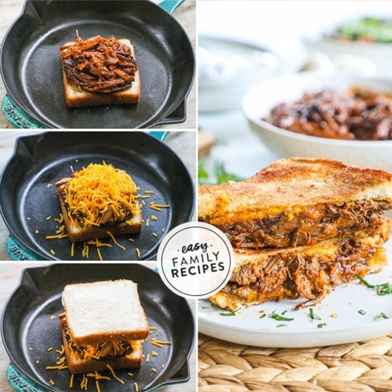 Step by step for making Brisket Grilled Cheese- 1. Butter skillet. 2. Add cheese, caramelized onions, and beef brisket to texas toast, 3. Top with buttered bread 4. grill on each side until golden.