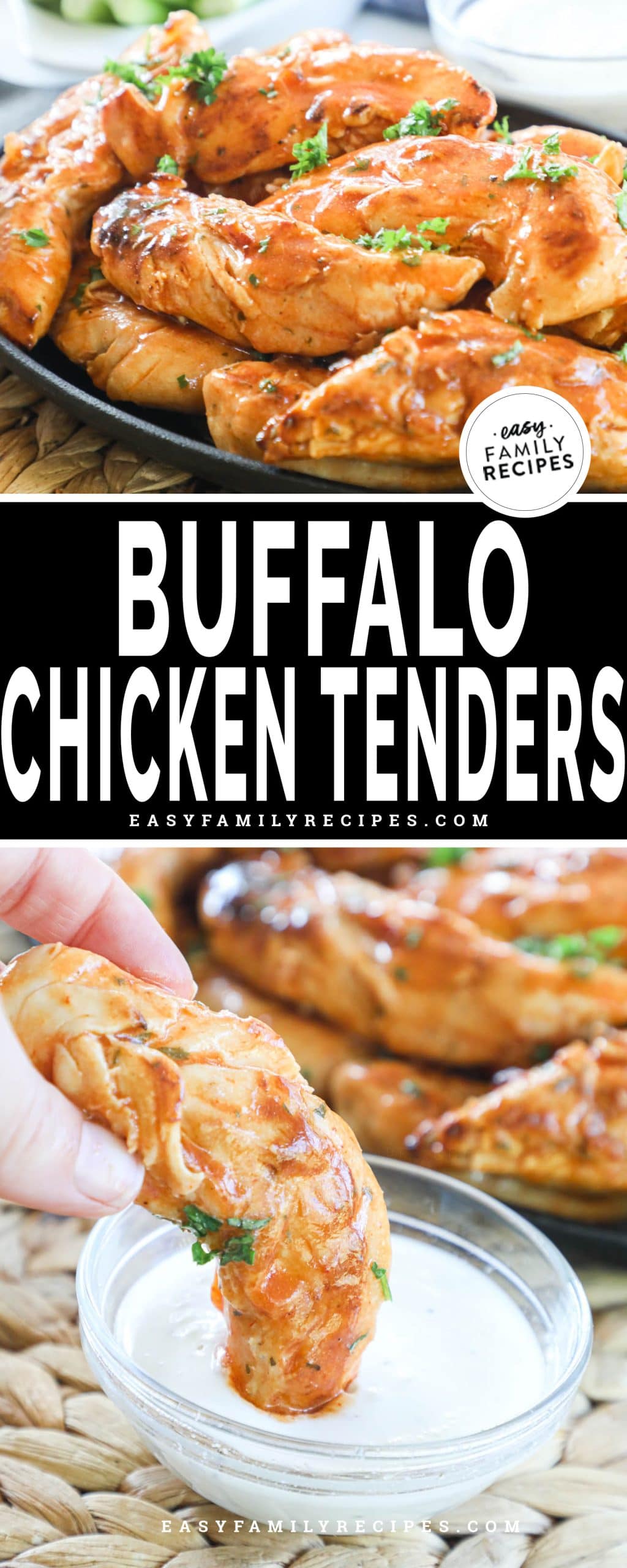 saucy buffalo chicken tenders dipped in ranch dressing