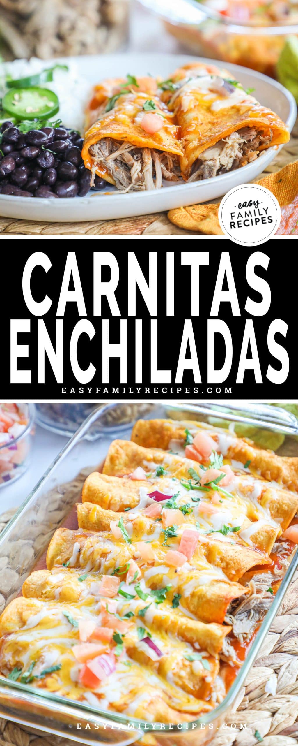 plate with serving of carnitas enchiladas and baking dish with baked enchiladas.