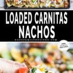 sheet pan with loaded carnitas nachos and a hand picking up a serving