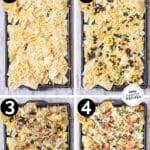 4 image collage of how to assemble carnitas nachos