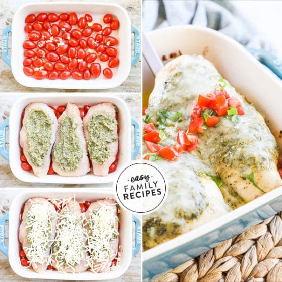How to cook pesto chicken bakes 1) spread cherry tomatoes and garlic in a baking dish 2)lay seasoned chicken breasts with pesto on top 3)top with shredded mozzarella 4)Bake and serve