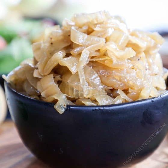 A bowl piled high with slow cooker caramelized onions