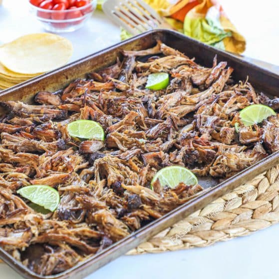 Crispy Carnitas on a baking sheet ready to serve for dinner