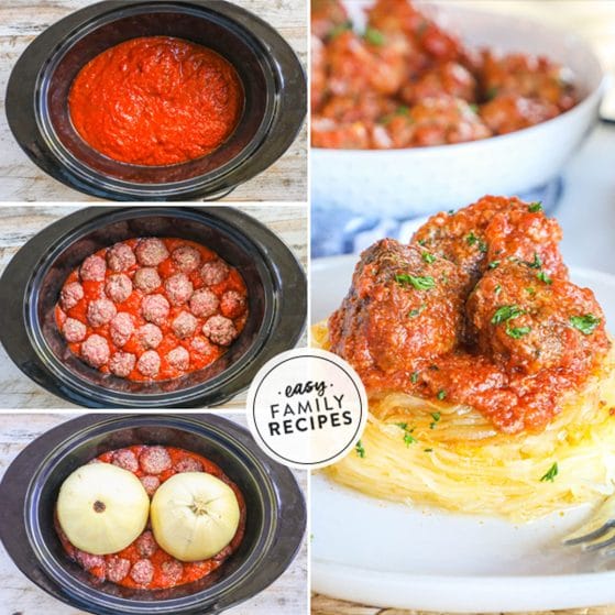 Step by step for making Crock Pot Spaghetti Squash with Meatballs 1. Pour marinara sauce in crock pot. 2. Form meatballs and place in marinara sauce. 3. Cut spaghetti squash in half and place on top. 4. Once cooked remove strands from spaghetti squash and top with meatballs and marinara sauce.