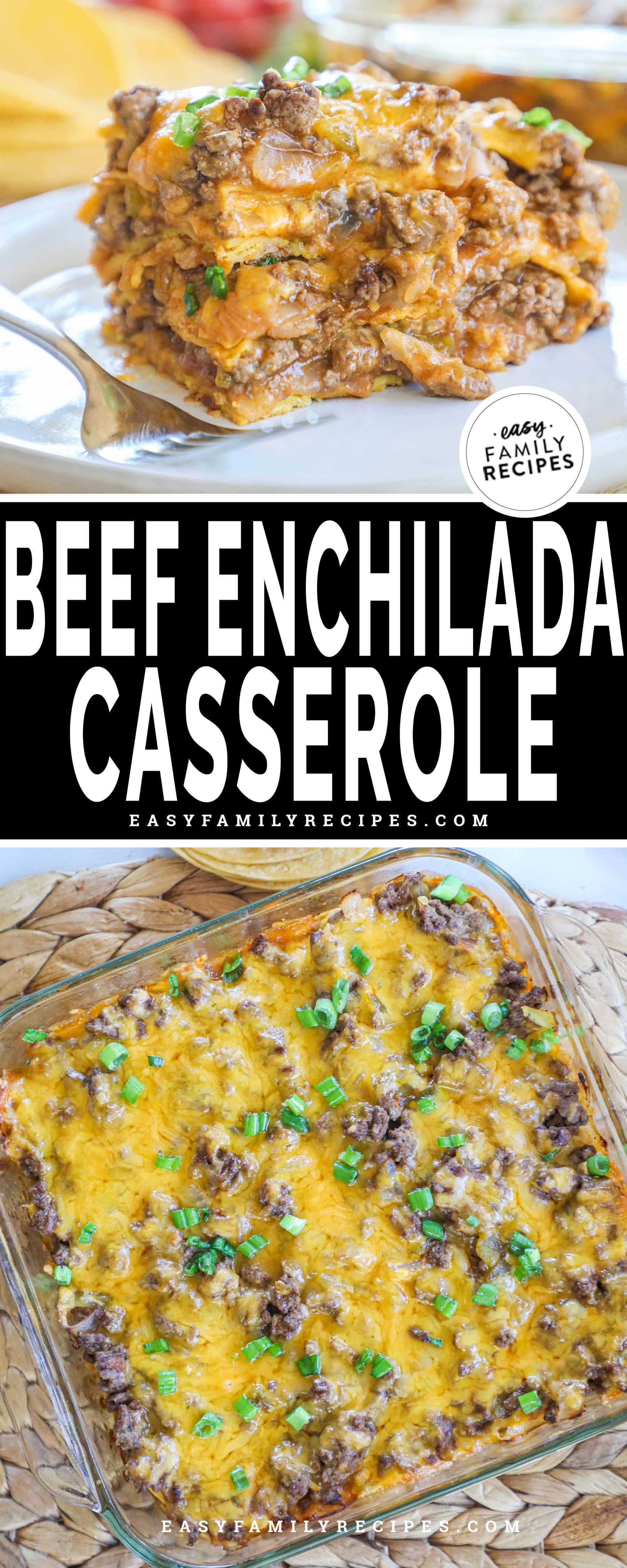 serving of beef enchilada on plate and a baking dish of enchiladas topped with green onions