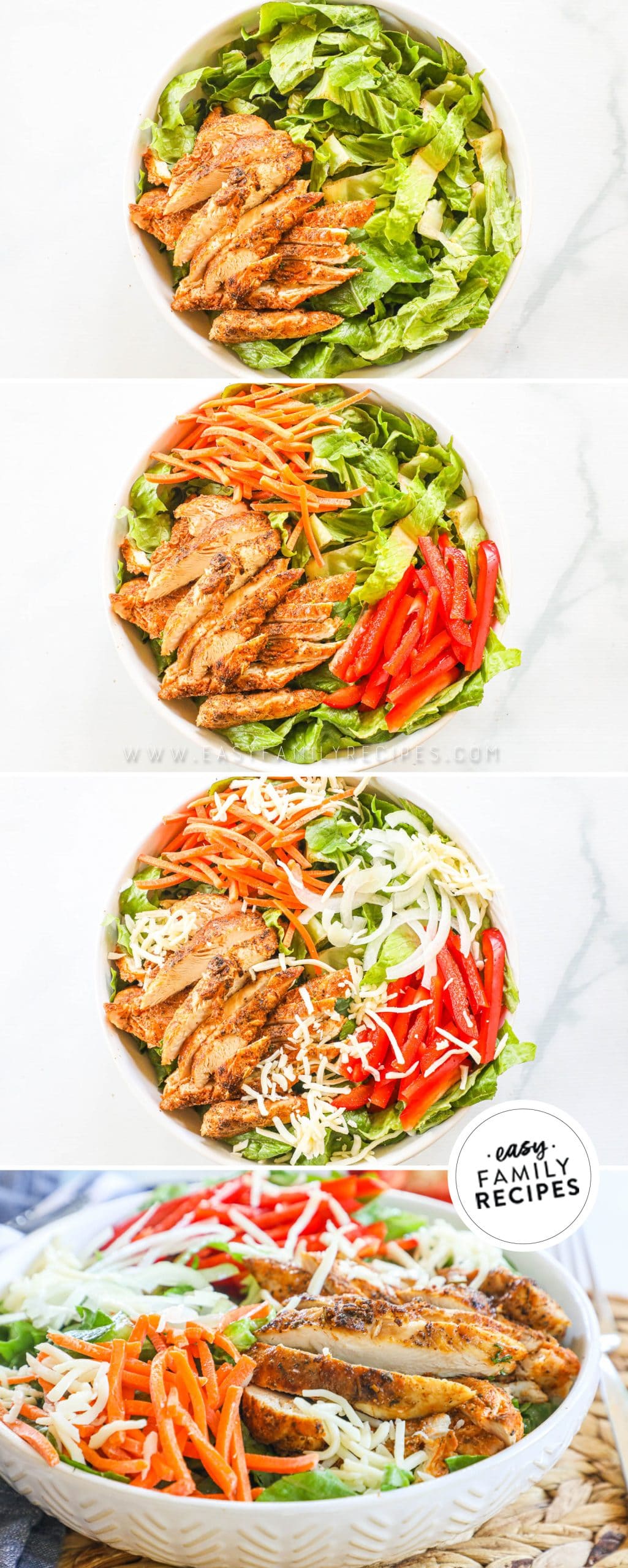 How to make blackened chicken salad 1. start with chopped romaine lettuce. 2. Add sliced blackened chicken and sliced bell pepper. 3. Top with sliced onion, and shredded cheese. Toss with creamy dressing.