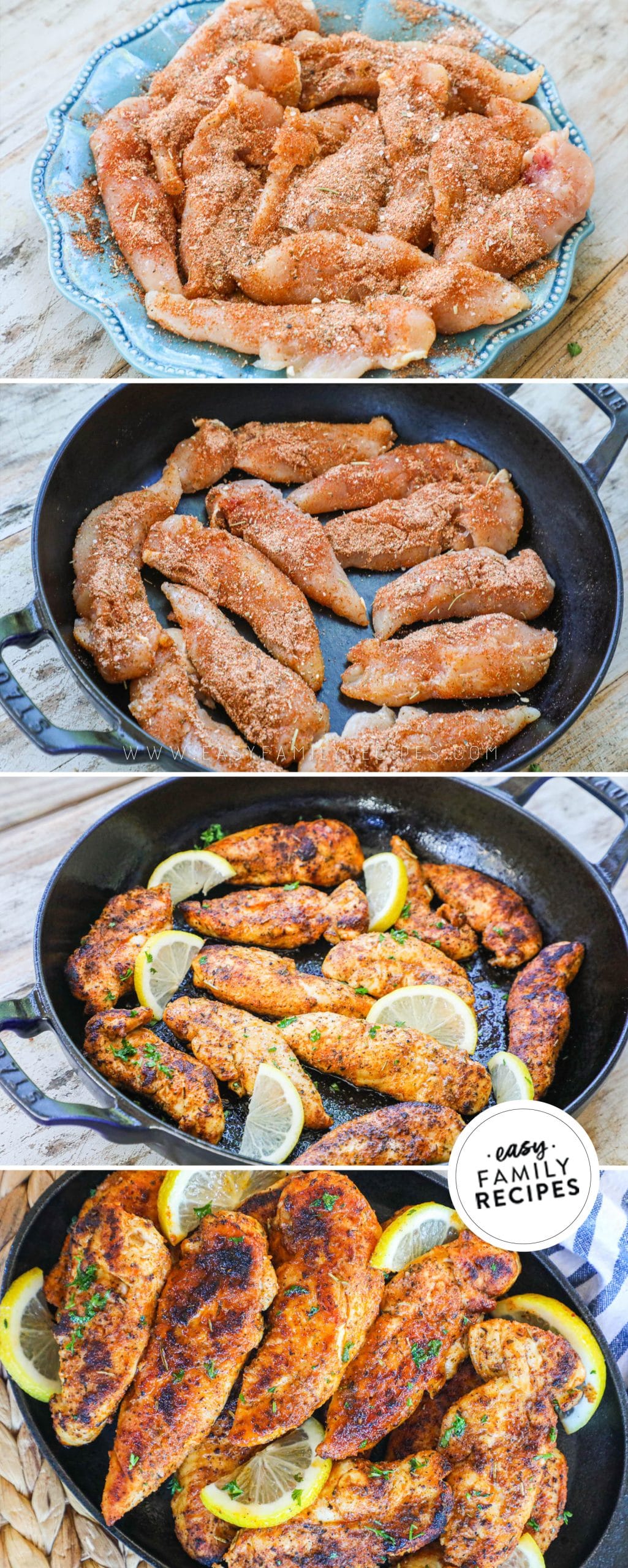 How to make blackened chicken tenders 1. make spice rub and pat onto the chicken tenders. 2. Place the chicken tenders in a hot pan with melted butter. 3. Cook for 2-3 minutes per side. 4. Remove from pan and enjoy.
