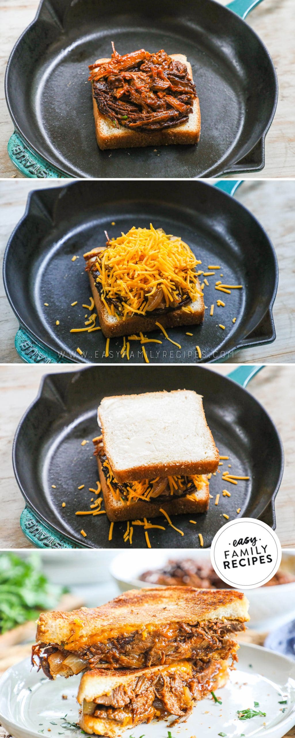 How to make brisket grilled cheese sandwich- 1. Butter skillet. 2. Add cheese, caramelized onions, and beef brisket to texas toast, 3. Top with buttered bread 4. grill on each side until golden.