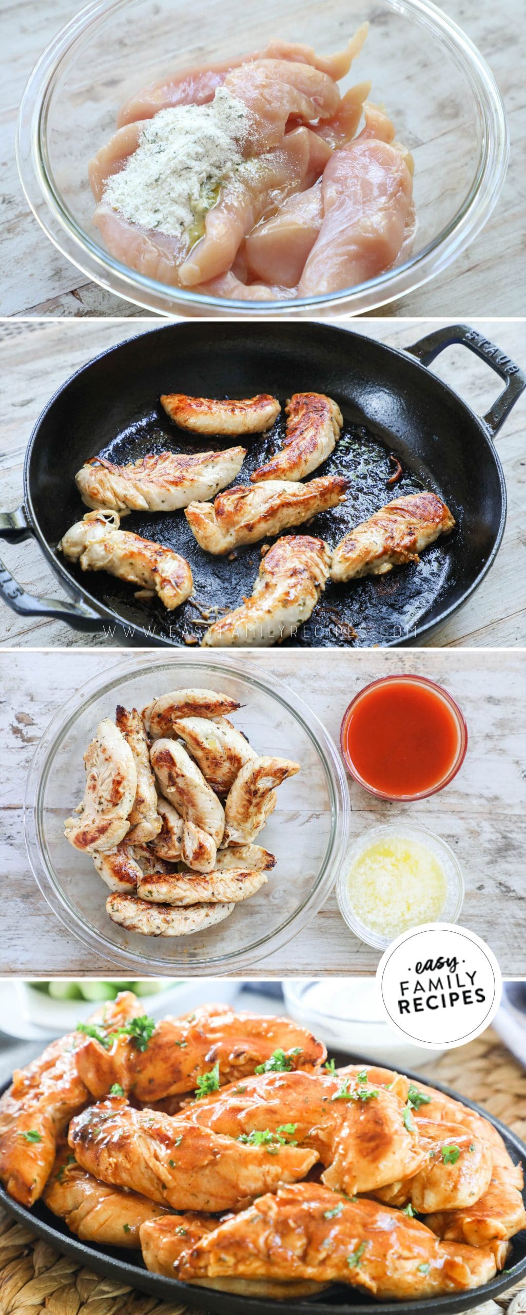 how to cook unbreaded buffalo chicken tenders 1)toss chicken with ranch seasoning 2)cook chicken strips in a skillet 3)combine hot sauce and melted butter then toss over chicken 4)serve