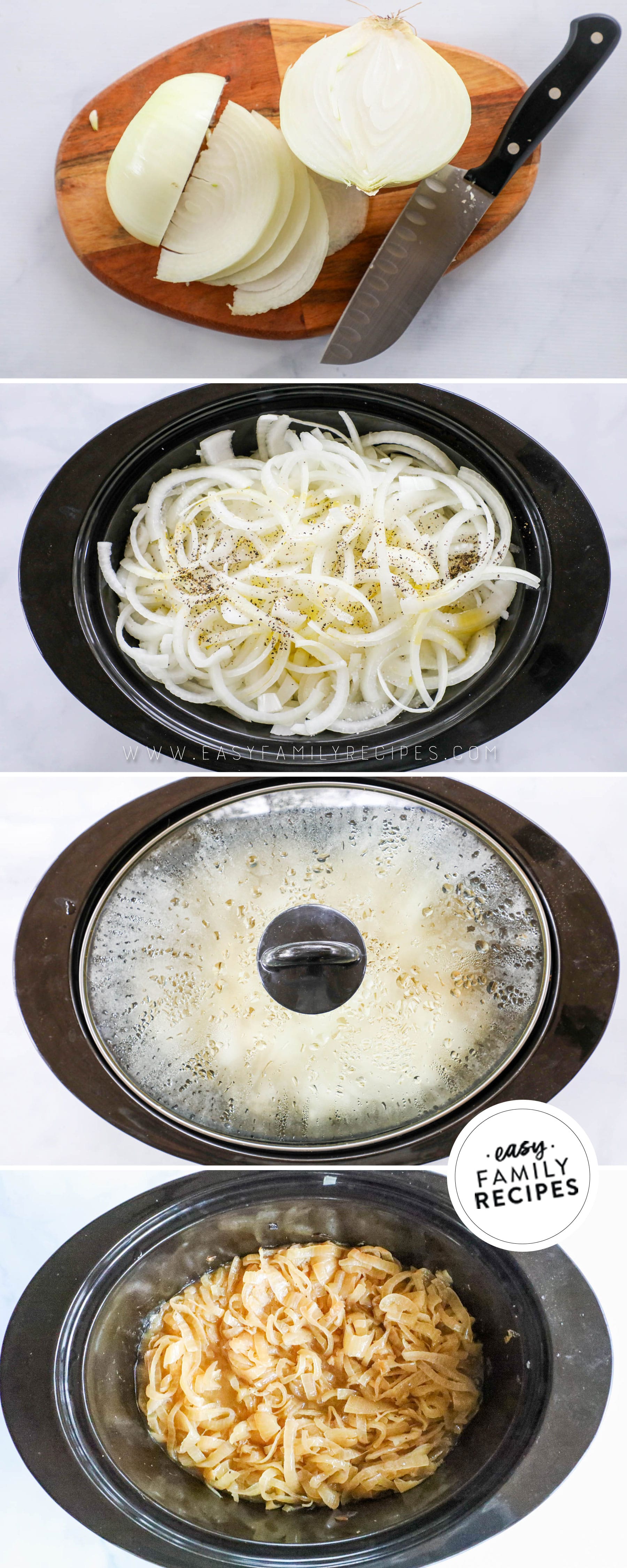 how to make easy Crock Pot caramelized onions 1)slice onions 2)add onions to slow cooker with seasonings 3)cover 4)cook on low until caramelized