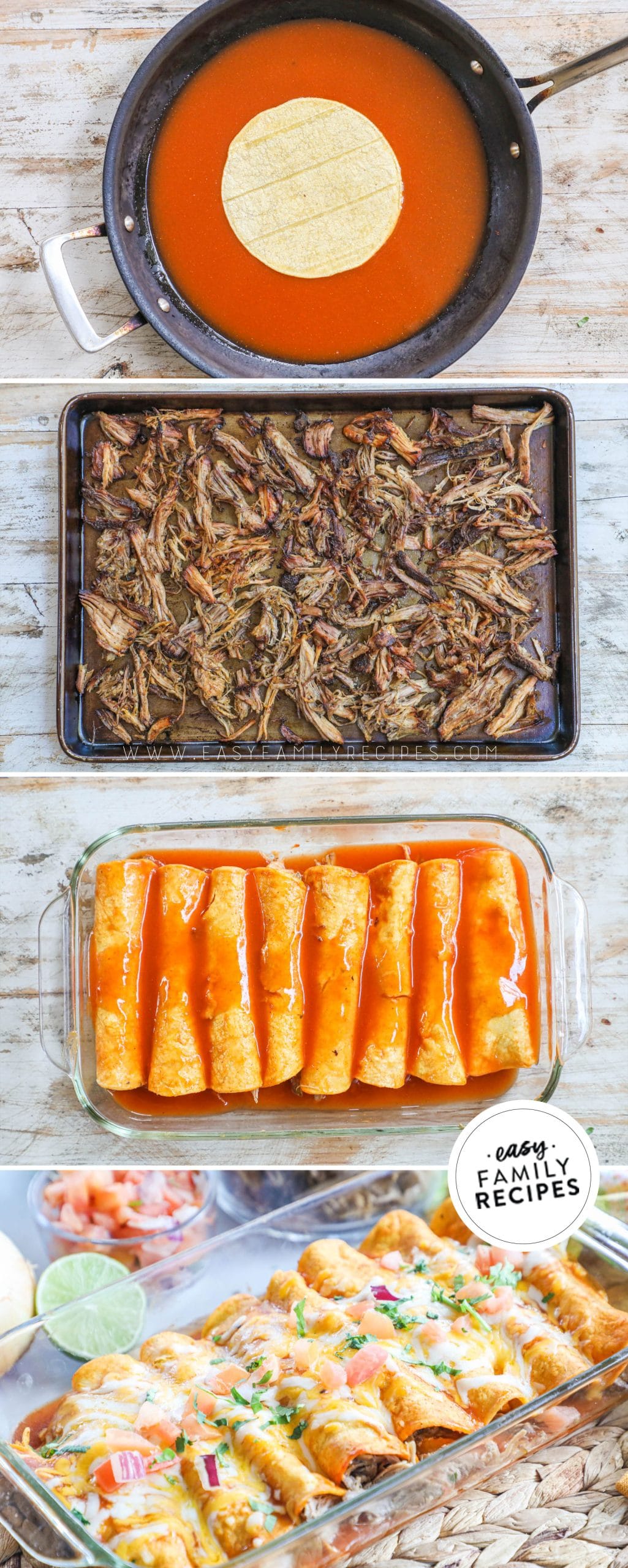 4 image collage with steps on how to prepare recipe: 1. fry pan with enchilada sauce warming corn tortilla, 2. shredded pork carnitas, 3. baking dish with filling and sauce over corn tortilla enchiladas, 4. close up of baked dish.