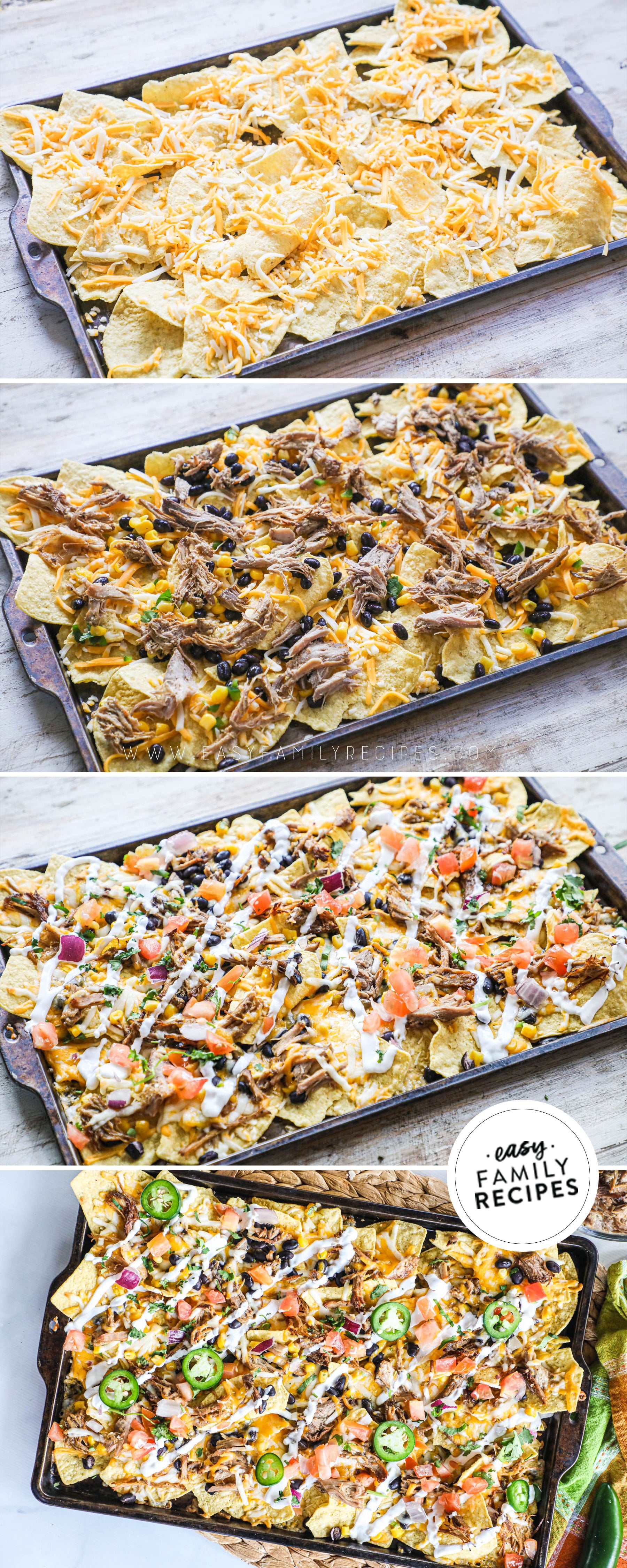 4 image collage of how to assemble carnitas nachos