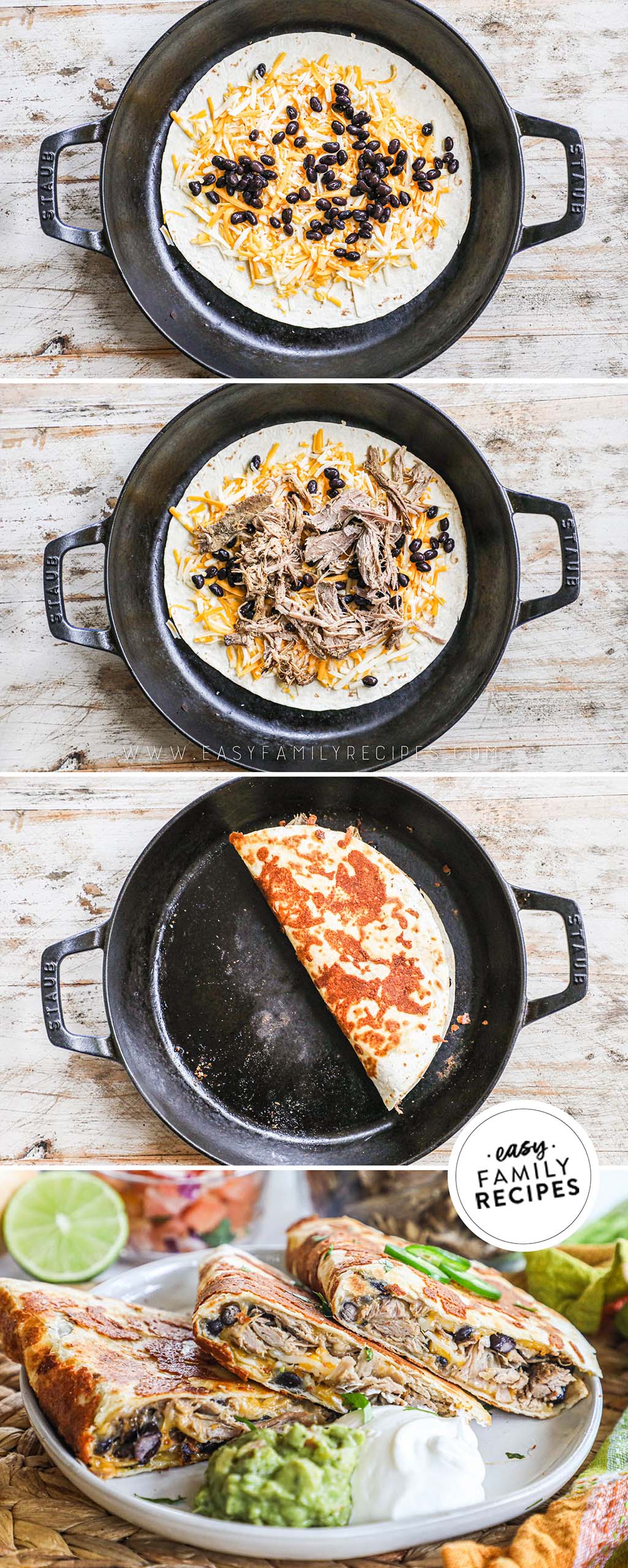 4 image collage of how to make quesadilla in fry pan