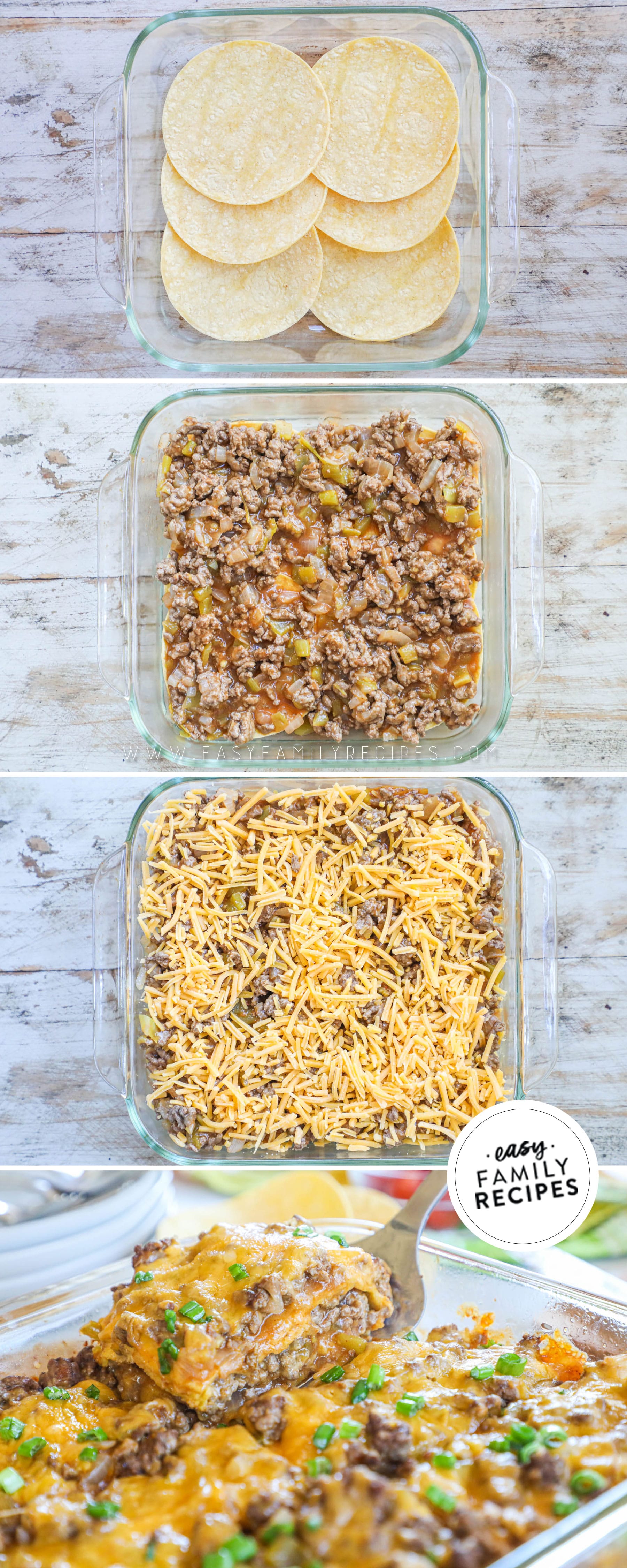 4 image collage of how to assemble ground beef enchiladas in a baking dish. Layer tortilla shells, then meat mix, then cheese