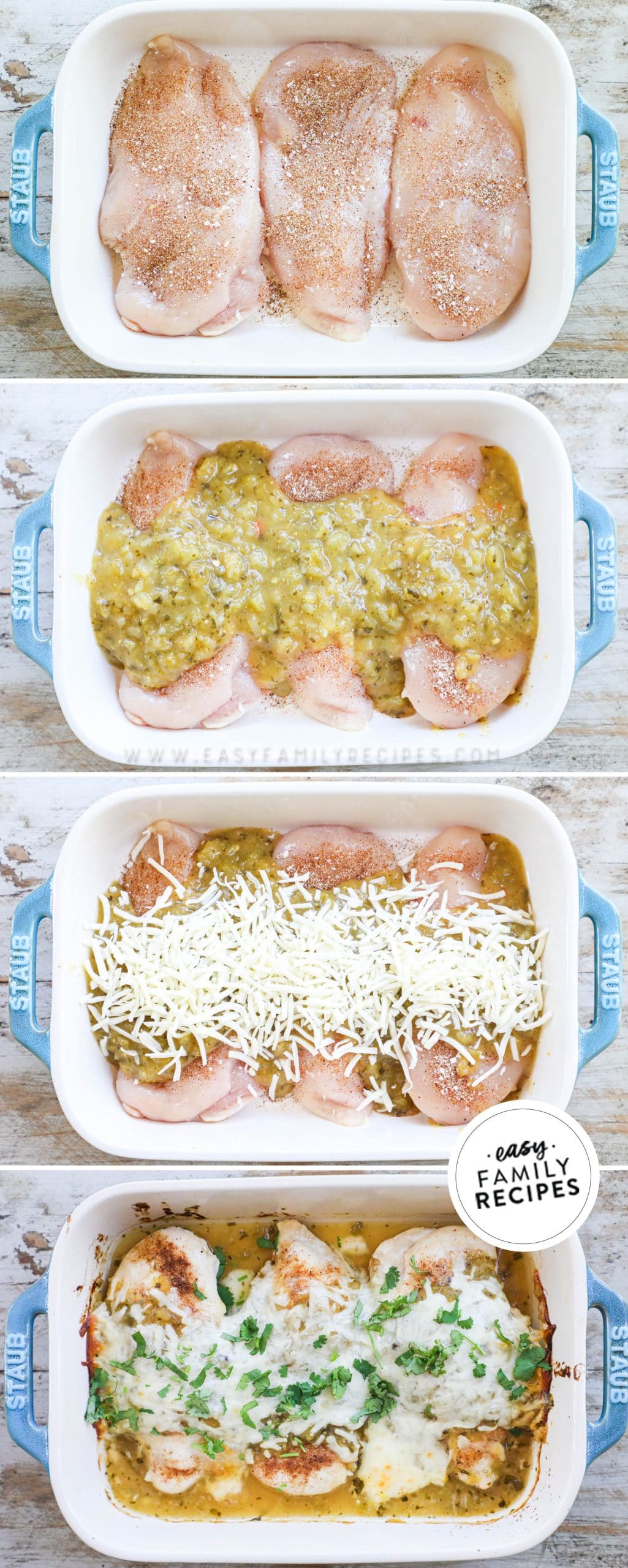 How to Cook Salsa Verde Chicken 1)line casserole dish with seasoned chicken breasts 2)Add salsa verde 3)Top with shredded cheese 4)Bake until done and cheese is melted