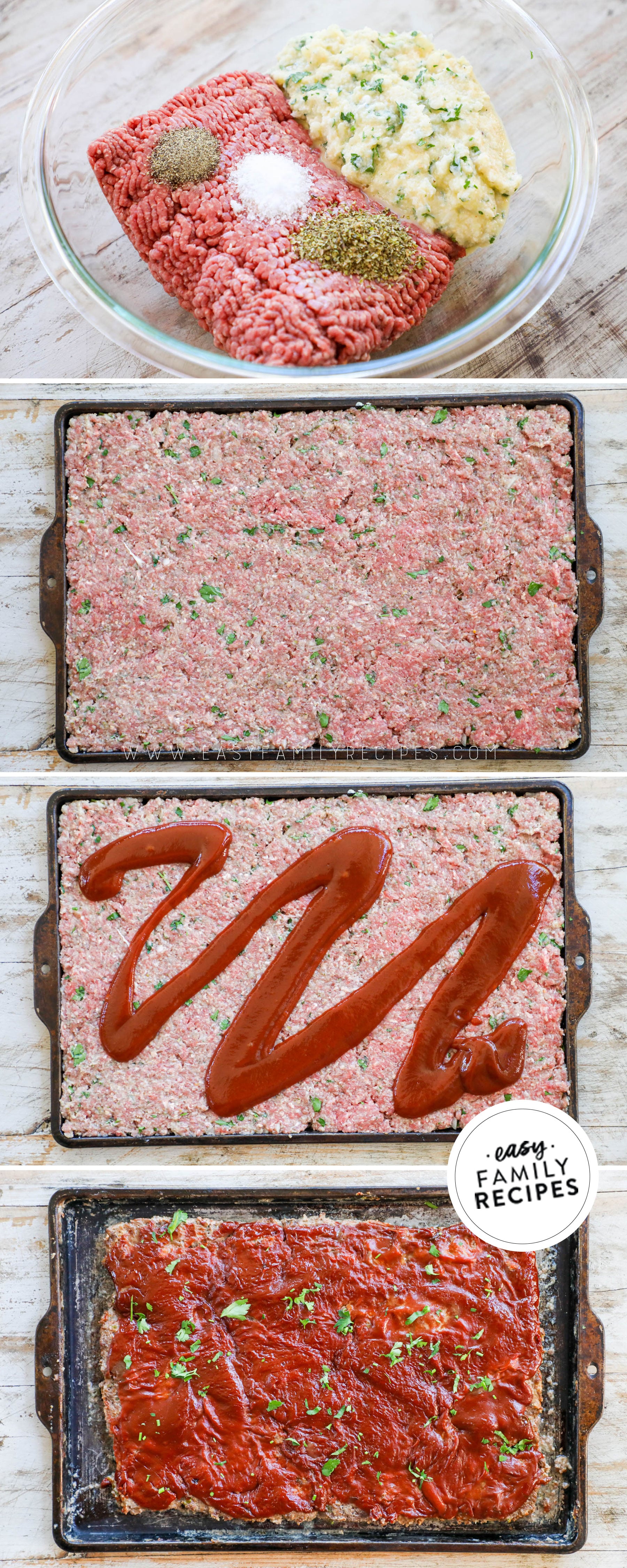 Process photos for how to make sheet pan meatloaf recipe- 1. Mix ground beef, bread crumbs, eggs, and seasonings. 2. Press into a sheet pan. 3. Cover with meatloaf sauce. 4. Bake until cooked through with the perfect thick delicious glaze topping.