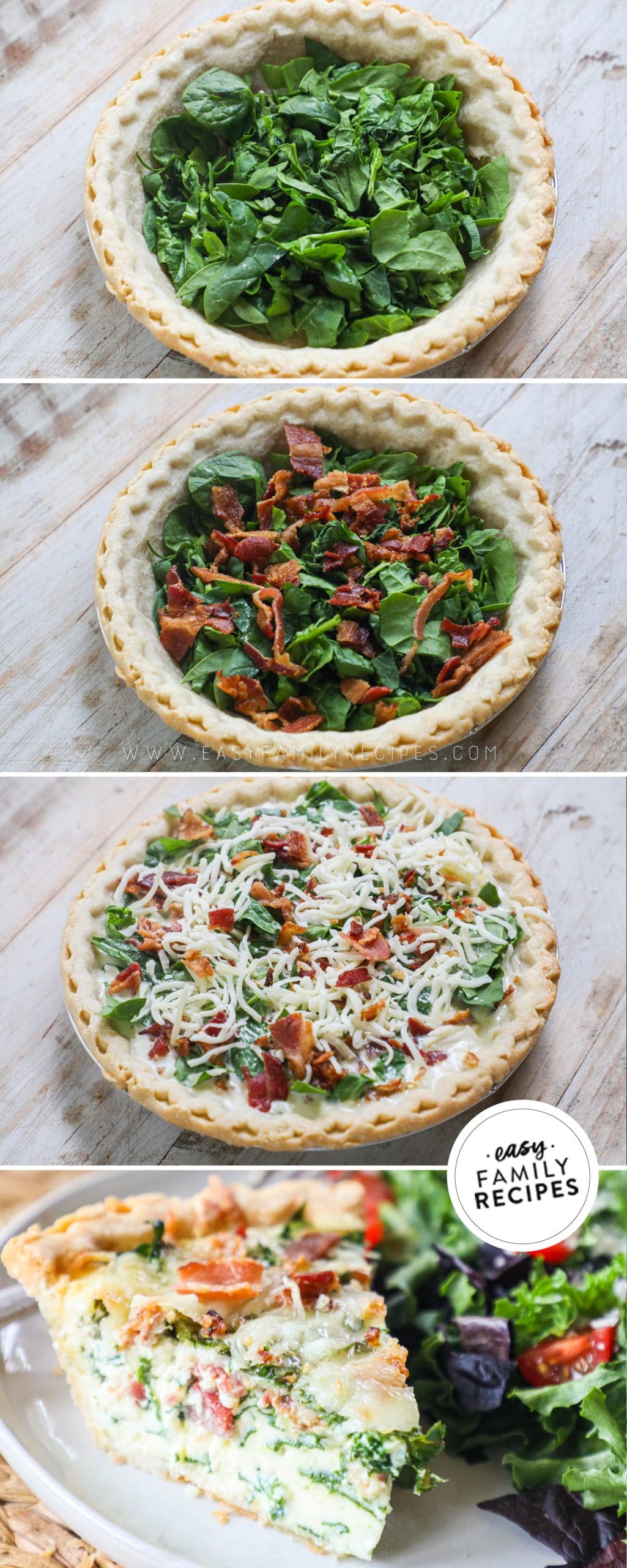 process photos of how to make spinach bacon quiche