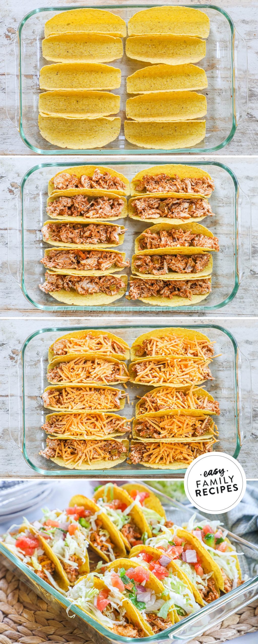 How to make baked chicken tacos 1)line pan with taco shells 2)add in salsa chicken 3)top with cheese 4)bake and top