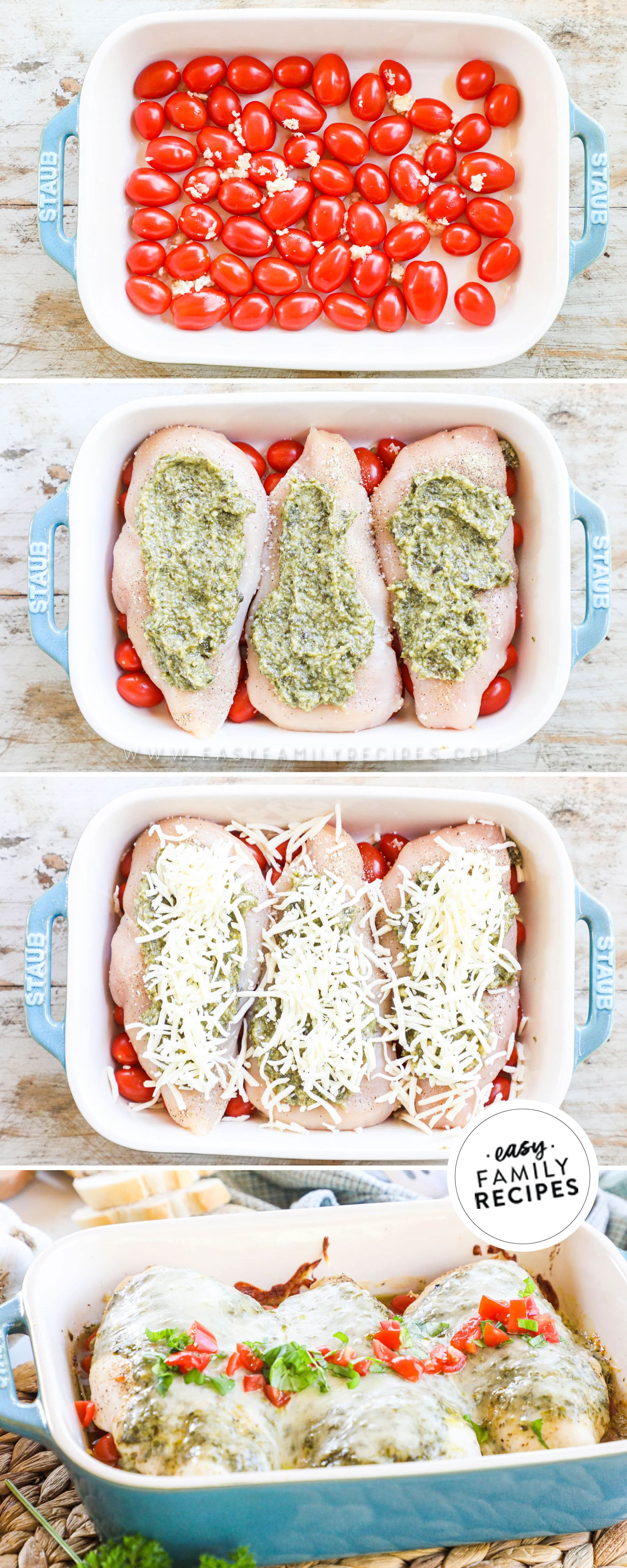 How to make a pesto chicken bake 1)layer the baking dish with cherry tomatoes and garlic 2)arrange pesto covered chicken breasts on top 3)sprinkle mozzarella cheese on top 4)bake until cheese is melted and chicken is juicy