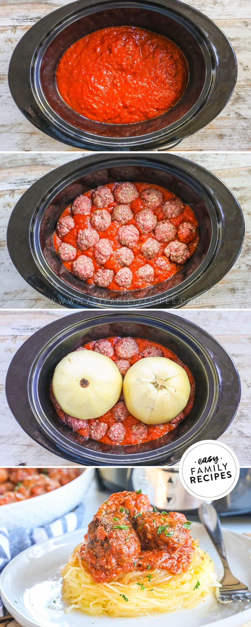How to Make slow cooker spaghetti squash and meatballs- 1. Pour marinara sauce in crock pot. 2. Form meatballs and place in marinara sauce. 3. Cut spaghetti squash in half and place on top. 4. Once cooked remove strands from spaghetti squash and top with meatballs and marinara sauce.