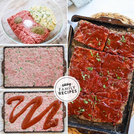 Step by step for making sheet pan meatloaf- 1. Mix ground beef, bread crumbs, eggs, and seasonings. 2. Press into a sheet pan. 3. Cover with meatloaf sauce. 4. Bake until cooked through with the perfect thick delicious glaze topping.