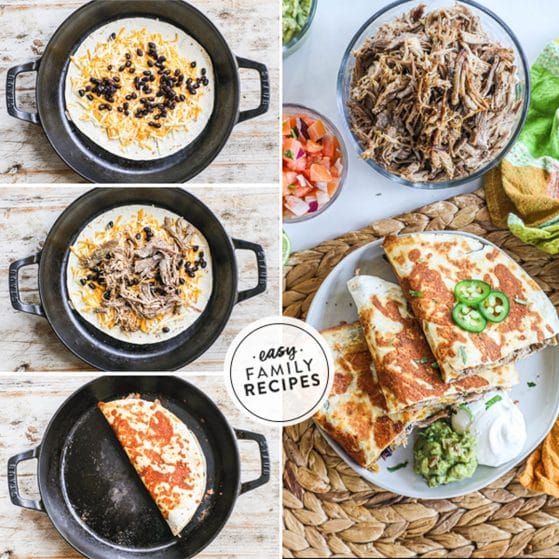 step by step of how to make pork carnitas quesadilla. start with cheese in fry pan with tortilla shell on top, black beans, extra cheese, pork carnitas and cooked until crispy. shell is folded and quesadilla cut into 3 large pieces served on plate with guacamole and sour cream.