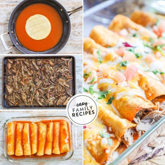 4 image collage of how to prepare recipe: 1. fry pan with enchilada sauce warming corn tortilla, 2. shredded pork carnitas, 3. baking dish with filling and sauce over corn tortilla enchiladas, 4. close up of baked dish.