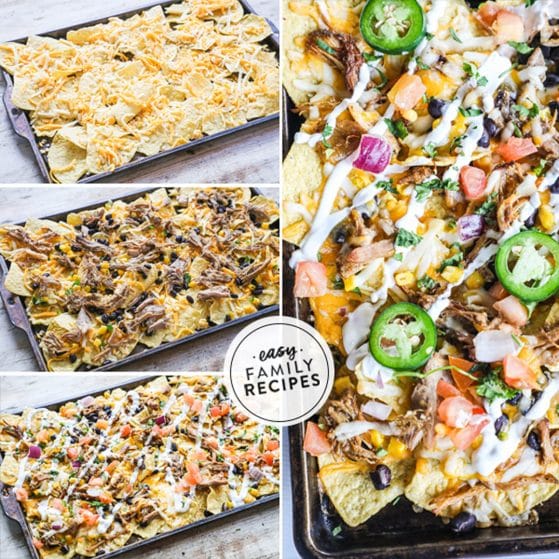 4 image collage of how to assemble carnitas nachos