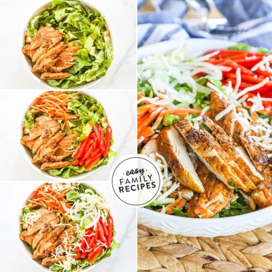 Step by step for making Cajun Blackened Chicken Salad 1. start with chopped romaine lettuce. 2. Add sliced blackened chicken and sliced bell pepper. 3. Top with sliced onion, and shredded cheese. Toss with creamy dressing.