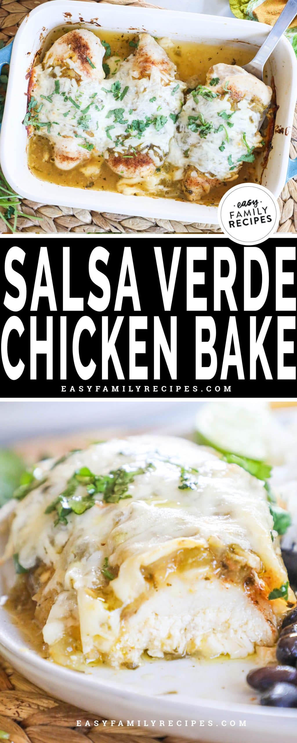 Tender baked Salsa Verde chicken topped with cheese and green salsa