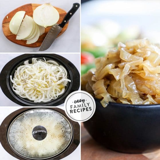 how to cook perfect crock pot caramelized onions 1)prep the onions 2)combine in slow cooker with seasoning 3)cover 4)cook on low until caramelized