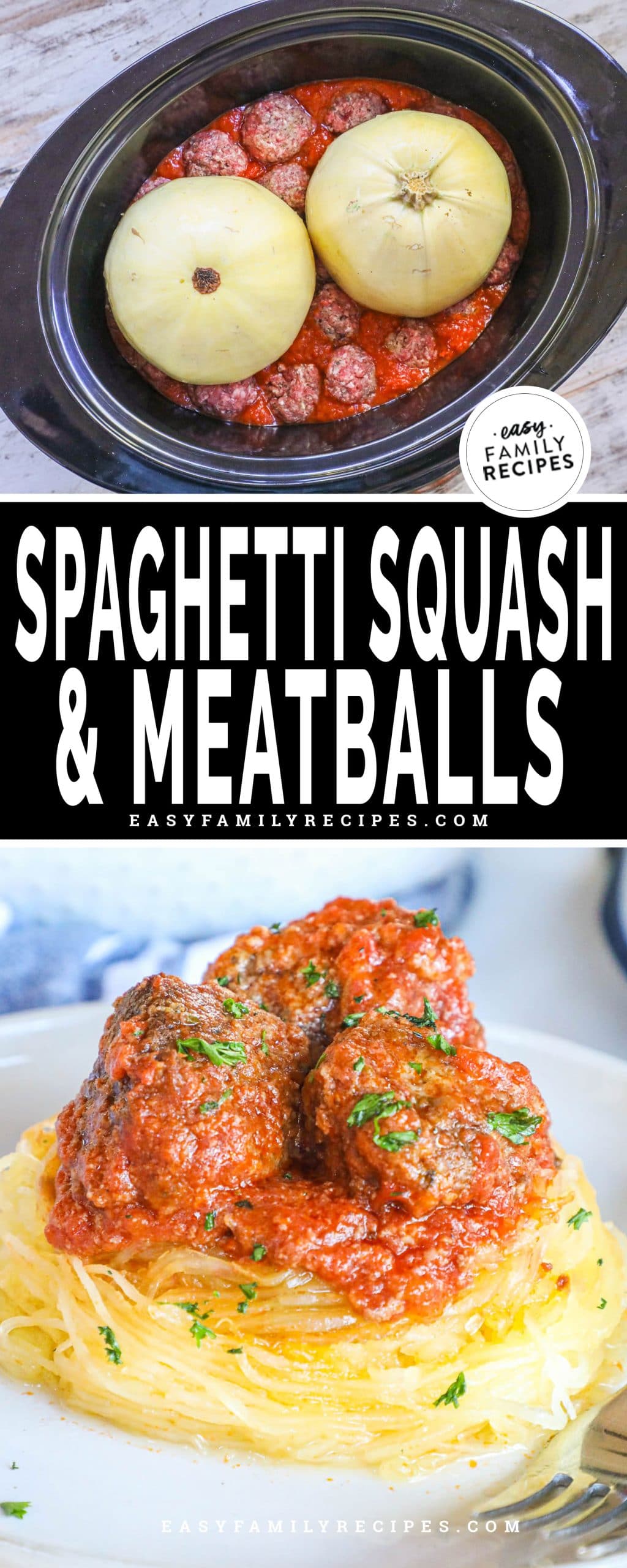 Slow cooker with meatballs, marinara, and spaghetti squash inside