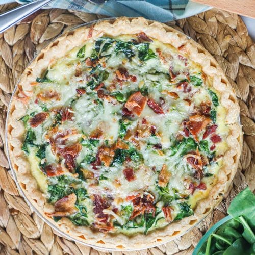 top view of baked spinach bacon quiche