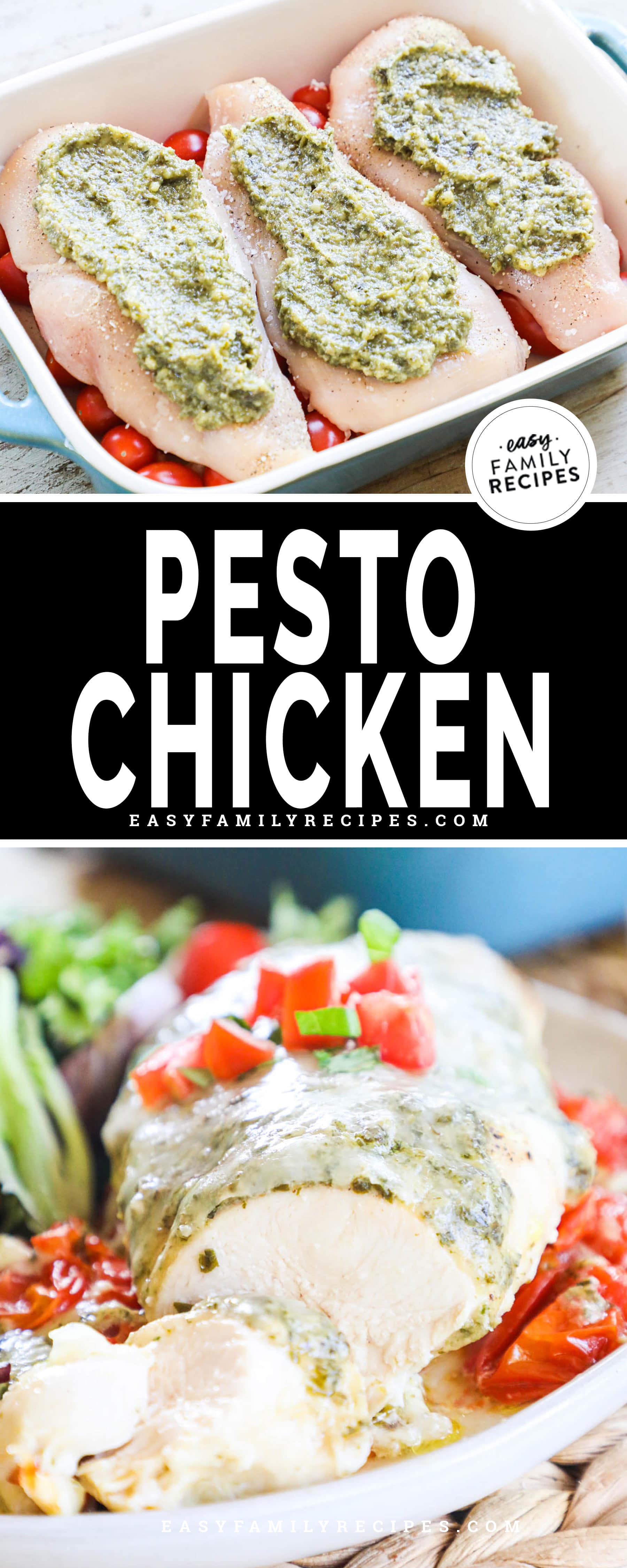 pesto and mozzarella topped baked chicken breasts on top of fresh cherry tomato sauce
