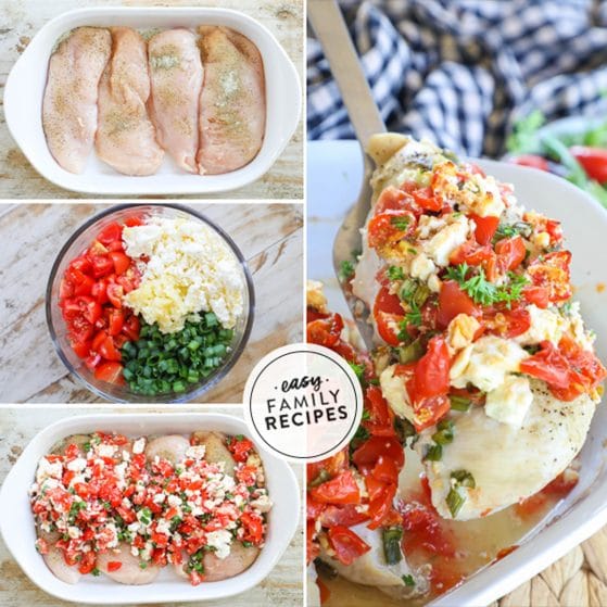 4 image collage of how to make feta chicken bake. 1)lay chicken flat in pan 2)mix feta, tomatoes, green onion, garlic, and seasoning 3) spoon mixture over chicken breasts 4) bake and enjoy!
