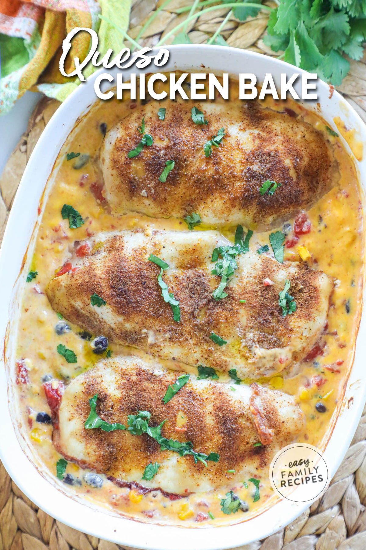 a pan of gooey, baked queso chicken