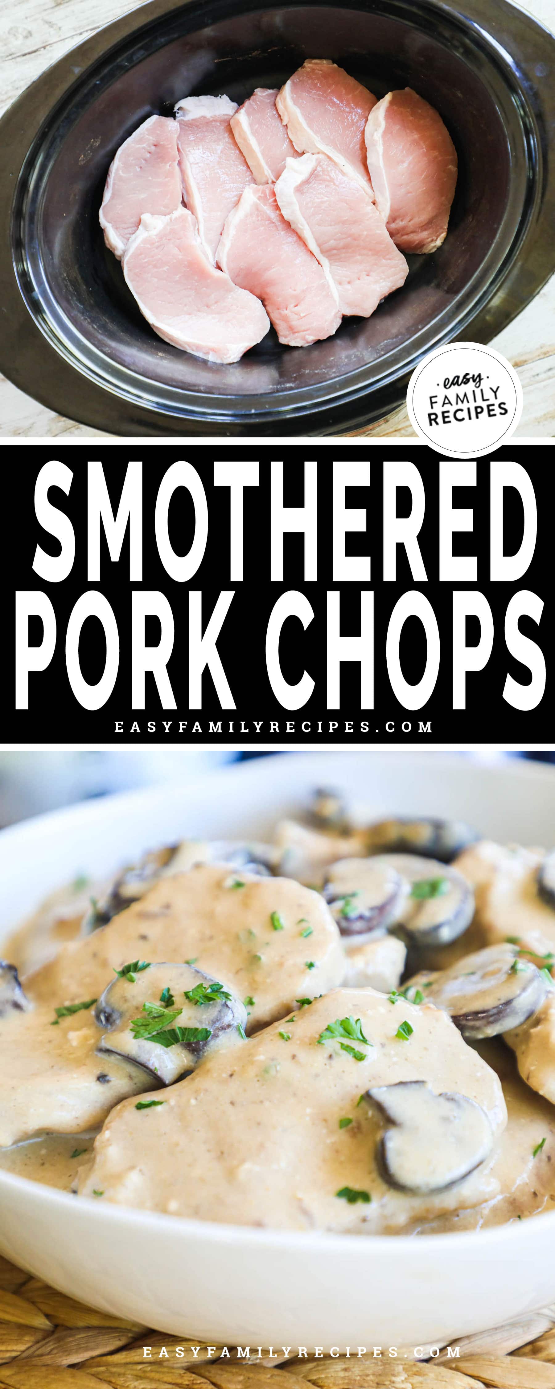 Crock Pot smothered pork chops cooked with cream of chicken soup and mushroom gravy.