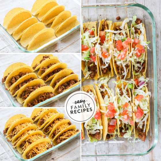 4 step photo collage for making baked crispy ground beef tacos. 1. lay out shells in the pan 2. fill with cooked ground beef filling 3. top with cheese and bake 4. top with toppings like shredded lettuce and pico de gallo.