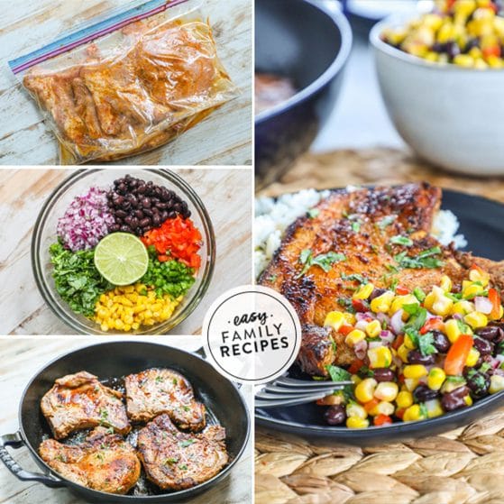 4 image collage on how to marinate pork chops in a bag, an image of salsa ingredients, the pork chops being pan seared in a skillet, and the recipe on a serving plate