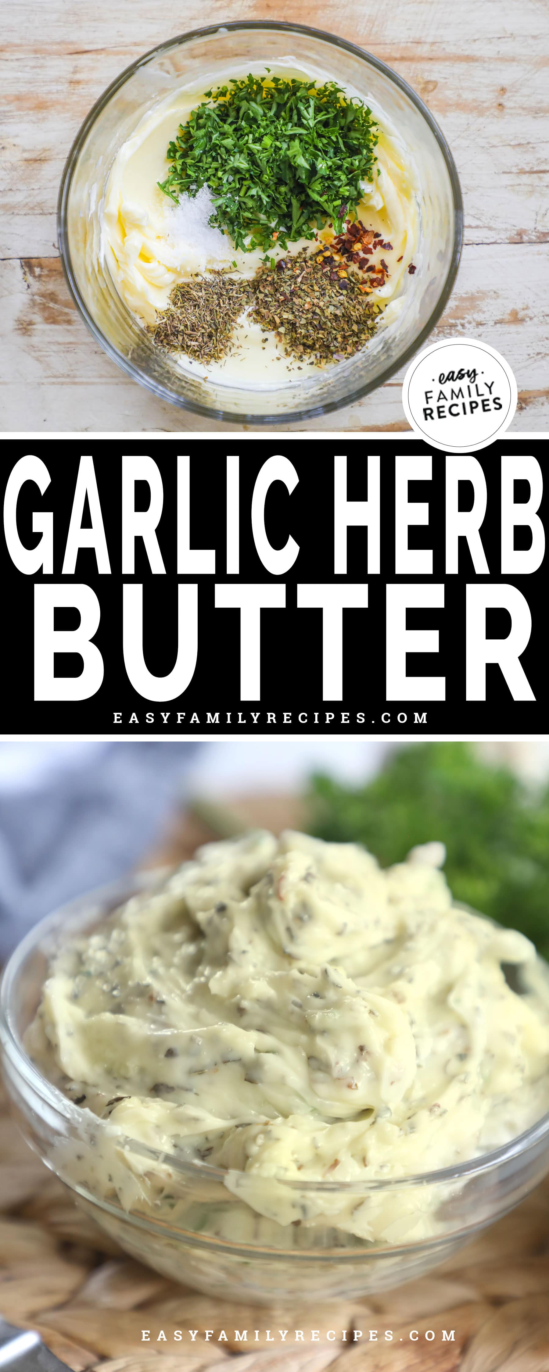 Garlic herb butter ingredients in bowl and then mixed.